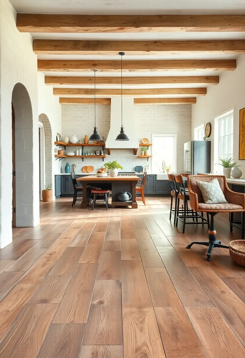 Faded Barnwood Floors Inviting Comfortable Barefoot Walks Through a Spacious Rustic Kitchen