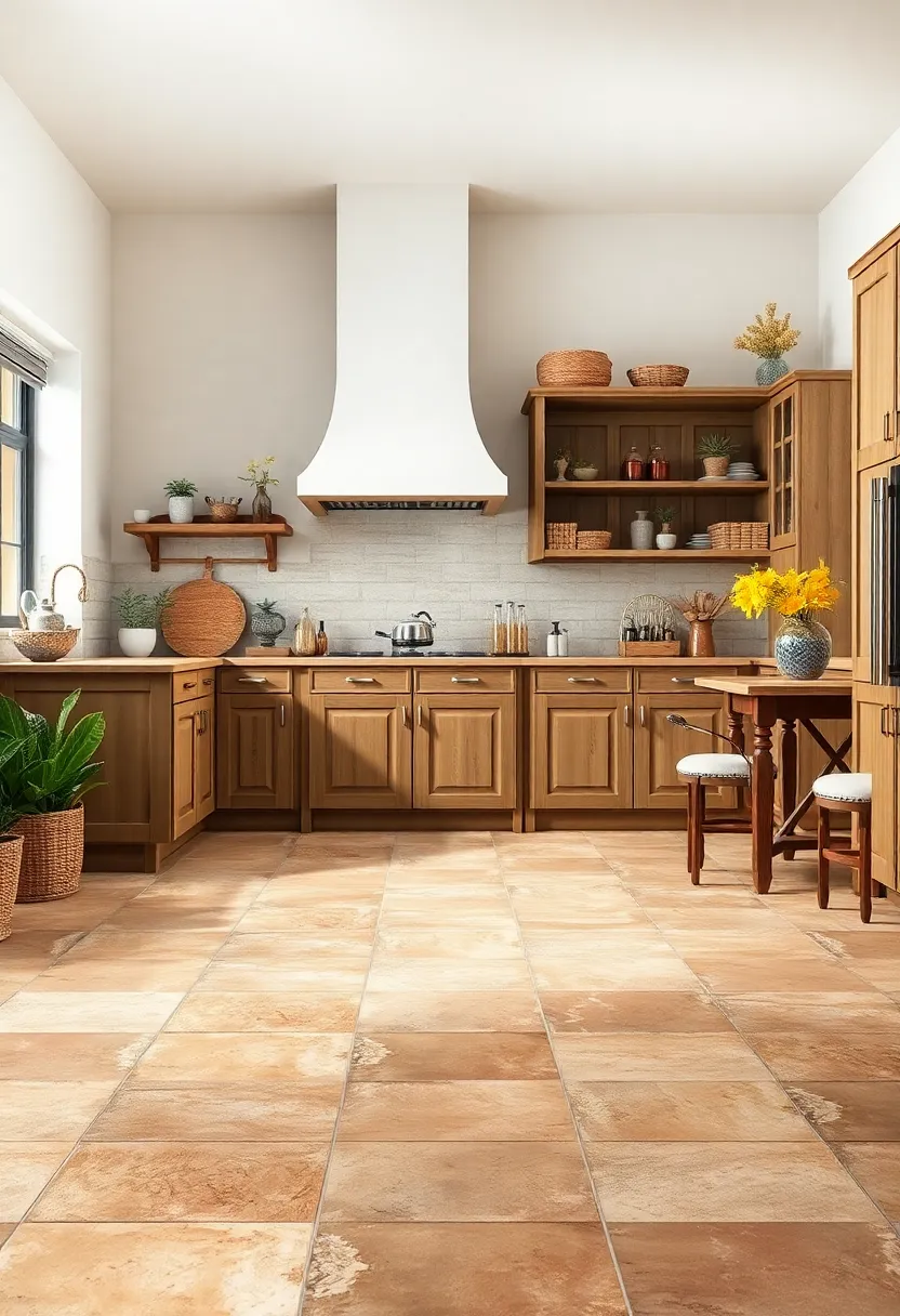 Natural Clay Tile Flooring with Uneven⁣ edges Complementing Hand-Painted Cabinets in ⁢a Rustic Kitchen