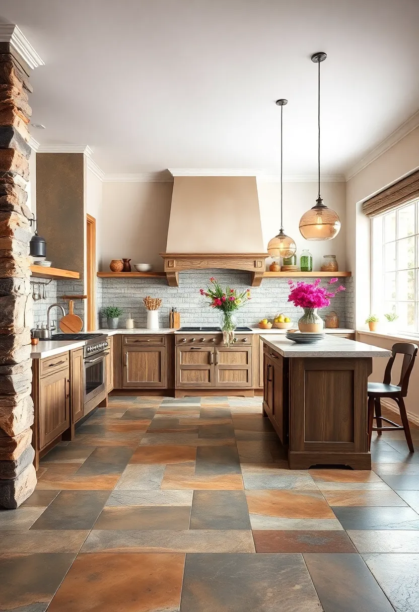 Patterned ⁢Slate Tiles with Subtle Color⁣ Variations Framing⁣ a⁢ traditional Kitchen Island