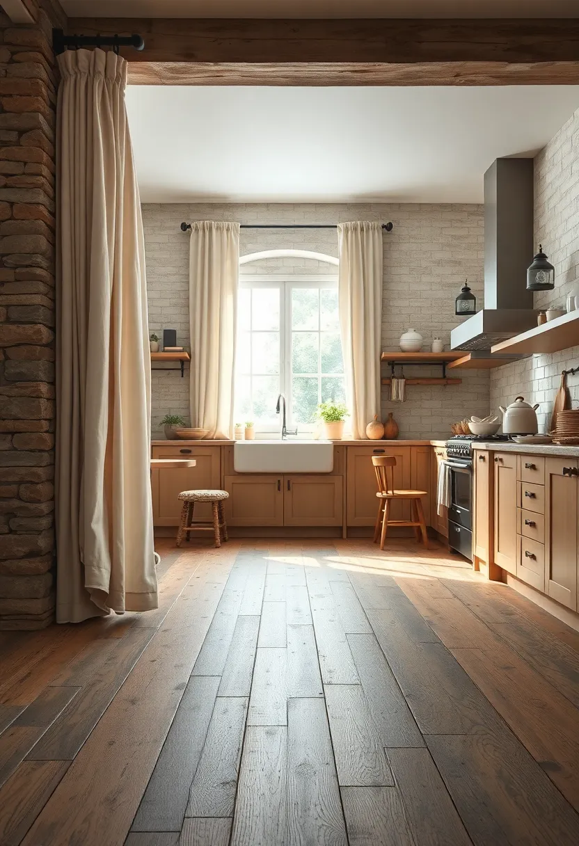 Ruffled Linen Drapes​ Touching ‌Rough Wooden Floorboards in a Peacefully‌ Rustic Kitchen Interior