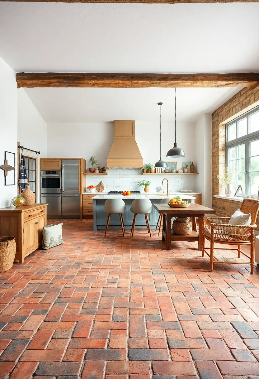 Rustic Brick Floors Bringing Timeless Character‍ to an Open Concept Kitchen with Exposed Beams