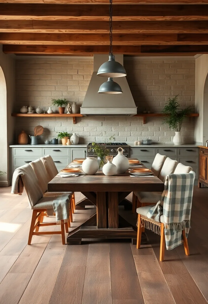 rustic Floorboards Surrounding a Heavy wooden Dining ‌Table Set with Vintage Pottery and Linen⁤ Textiles