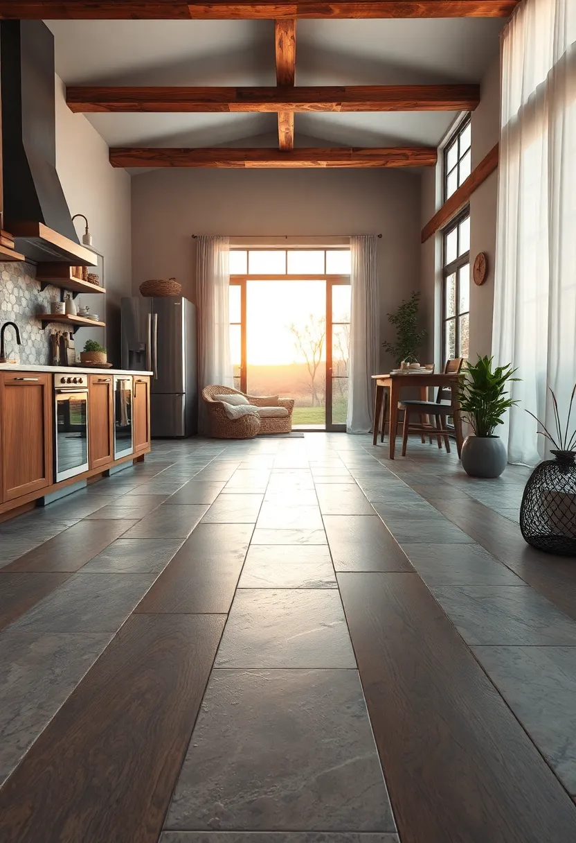 Rustic ‍Kitchen floor ‍Featuring Natural Variations in Color​ as ‍the Sun Sets Over‌ a Lumber Frame Home