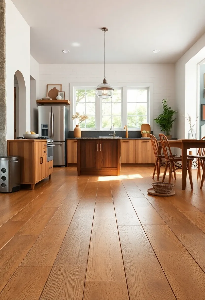 Rustic kitchen Floor with Distressed Pine Planks​ Reflecting the ⁣Soft Glow of Pendant ​Lighting