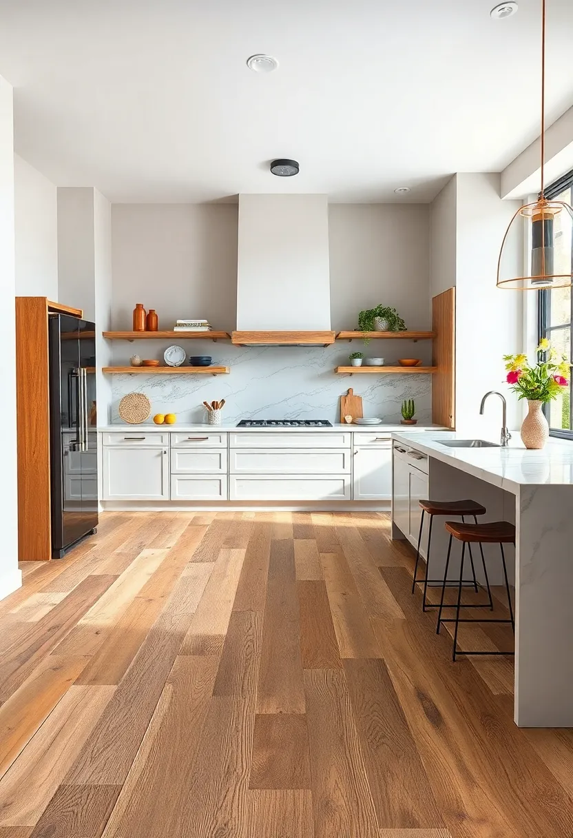 Rustic Kitchen Floor Layout with Aged ⁣Eastern Pine Juxtaposed Against Sleek Marble Countertops