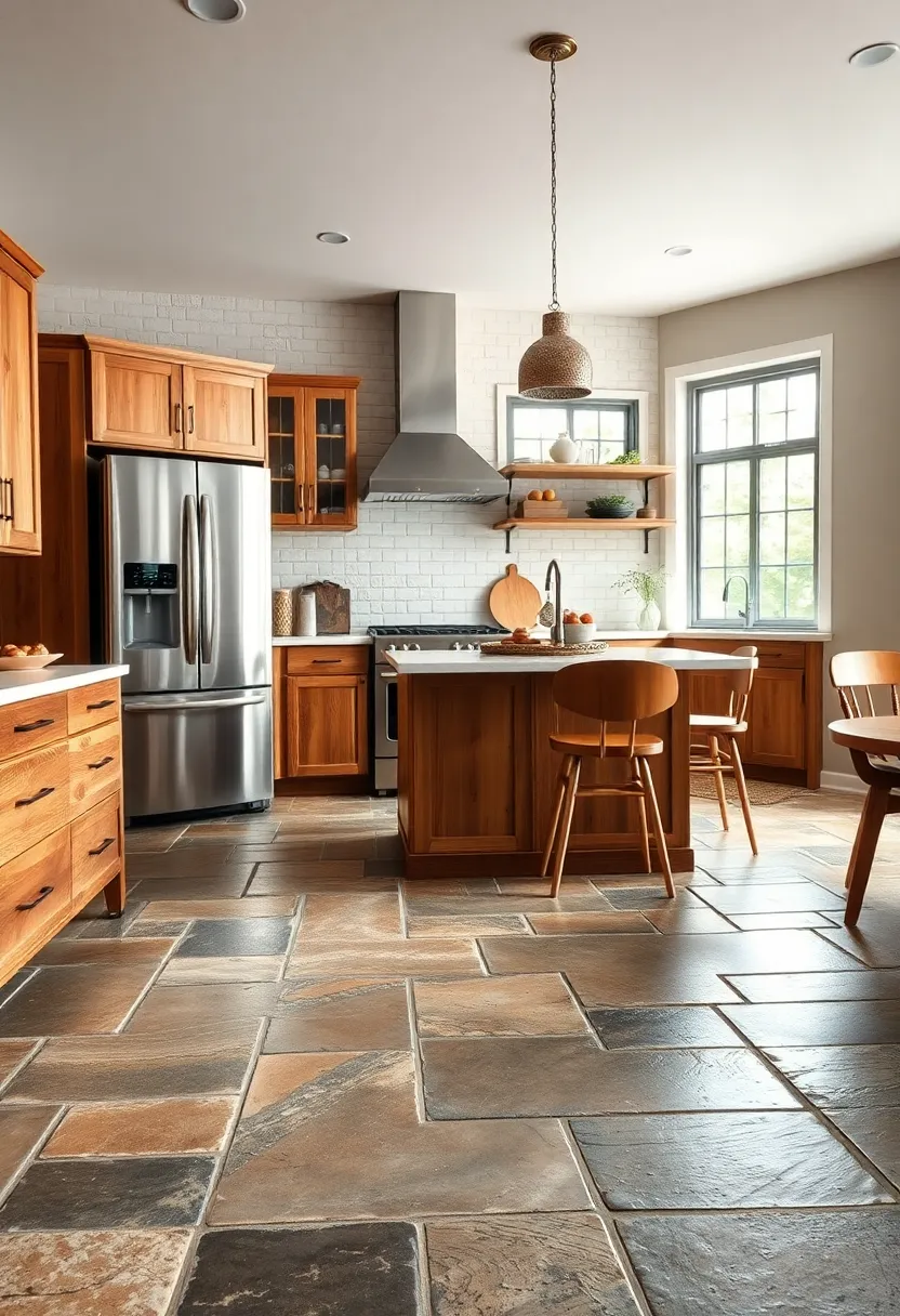 Rustic Stone Flooring Patterns Contrasting ​Perfectly with Modern Stainless Steel Appliances and Wooden Cabinets