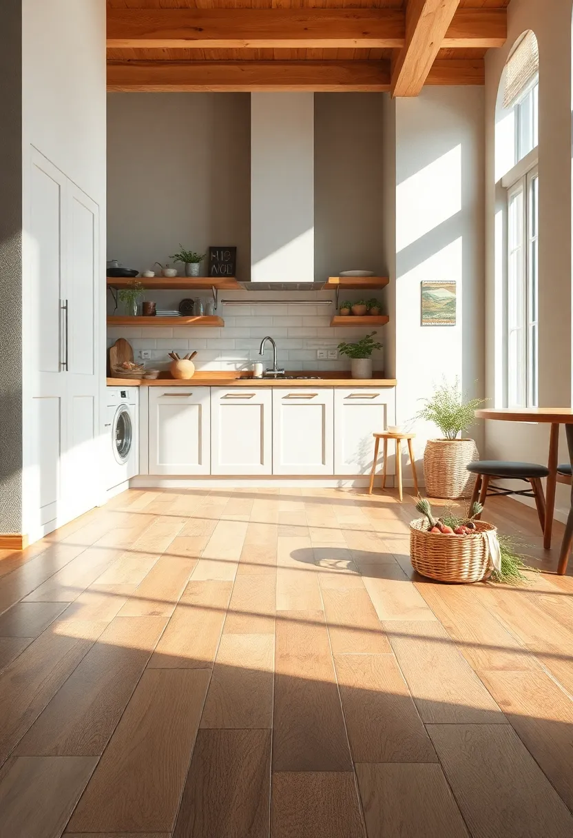 Sun-Drenched⁤ Rustic Kitchen Floor Featuring Varied Wooden Planks and⁢ a Scattered Herb Basket