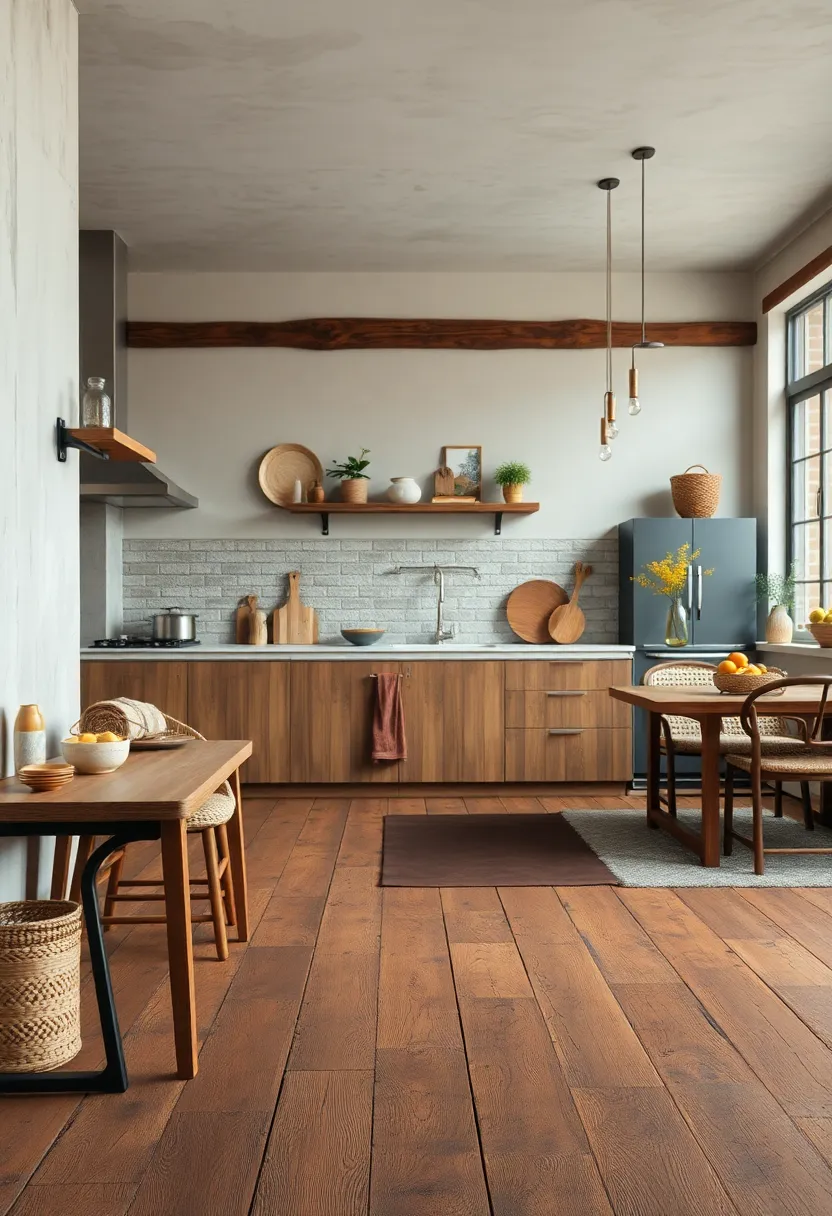 Textural ​Focus on Antiqued Wooden Floorboards Paired with Soft Neutral‍ Walls and Rustic fixtures