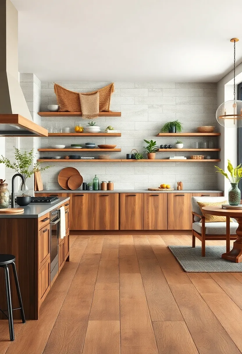 Warm Tones of Reclaimed Oak Planks Accentuated by Natural Fibers Draped from Open Shelving