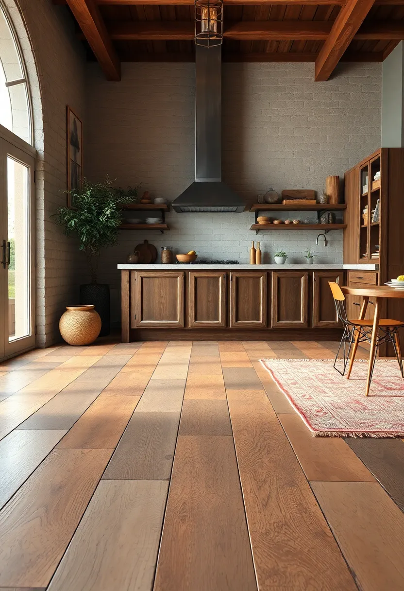Wide View of a Rustic Kitchen floor with Warm Earth Tones and a Distressed Finish Under ⁤a Cozy Rug