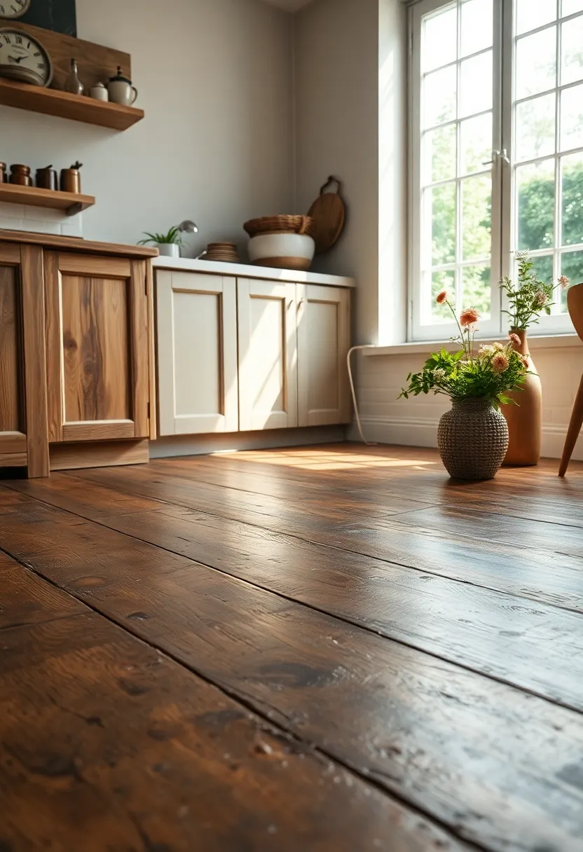 Worn Wooden floor Reflections ⁣Mirroring a Nearby Window and Freshly Picked Garden Flowers in Rustic Setting