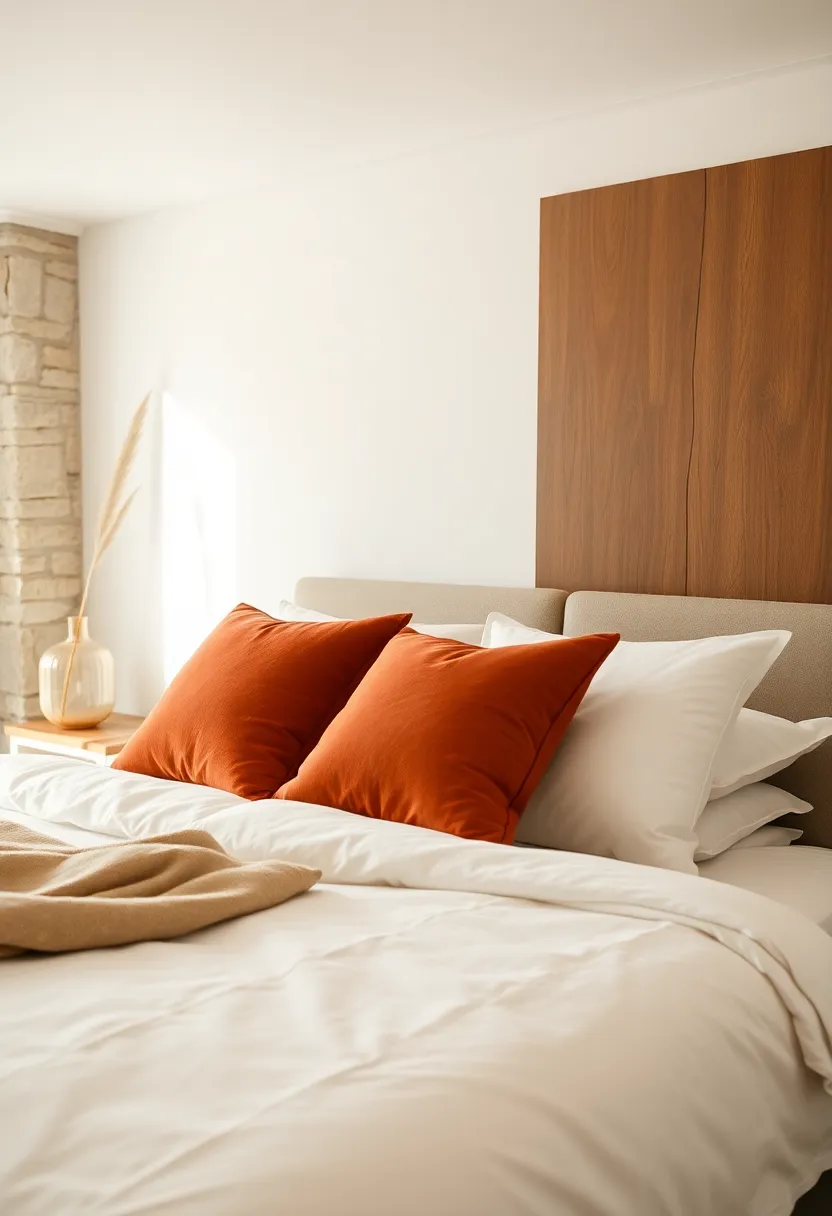 use muted​ terracotta pillows alongside white linens to infuse a warm,⁣ inviting glow in a neutral bedroom‍ space