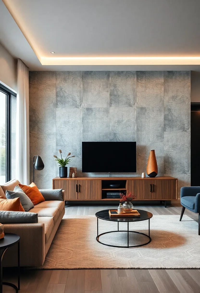 Versatile TV Cabinet Combining Textured Wood and Sleek Metals