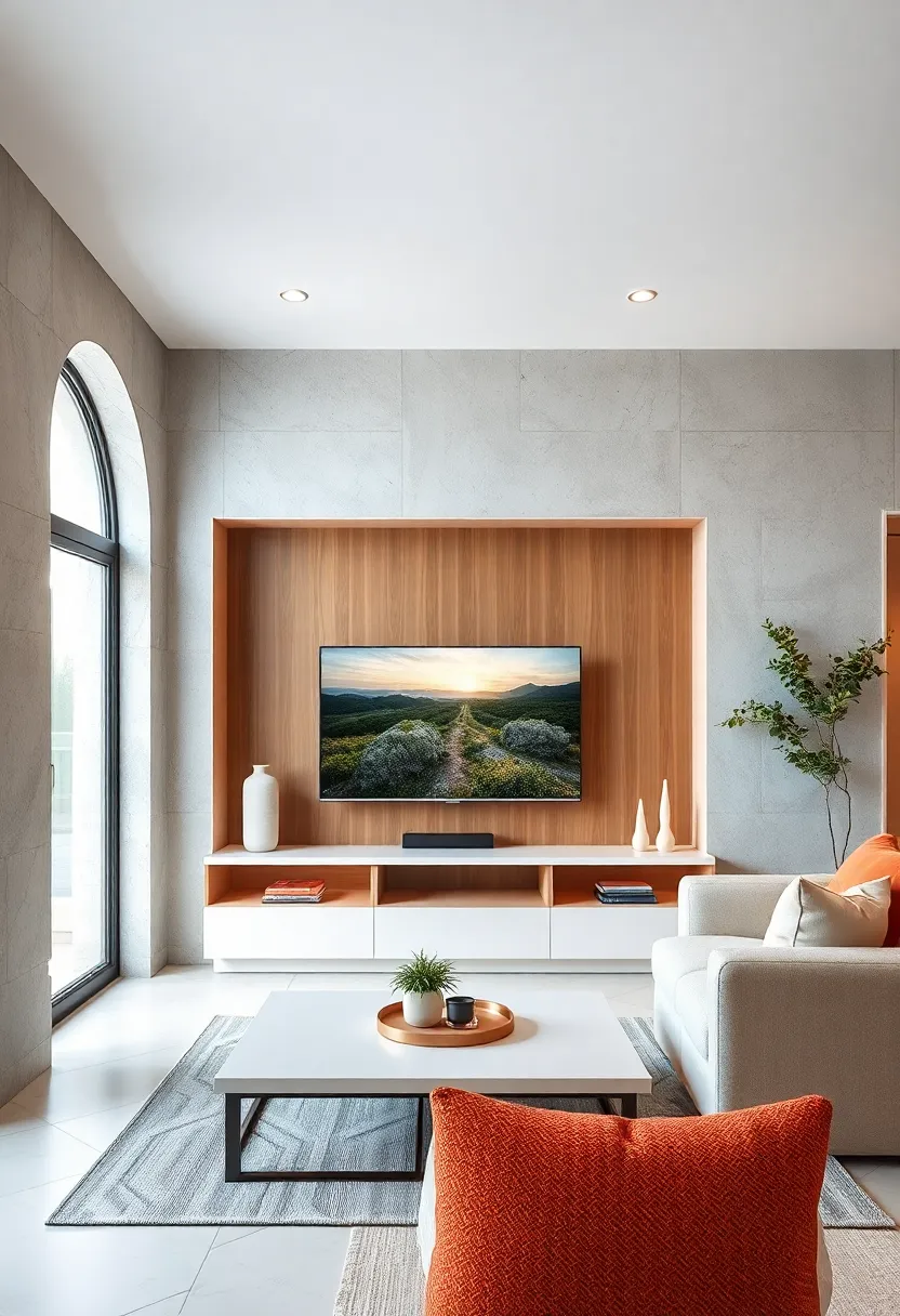 White Lacquered TV Unit with Natural Wood Accents