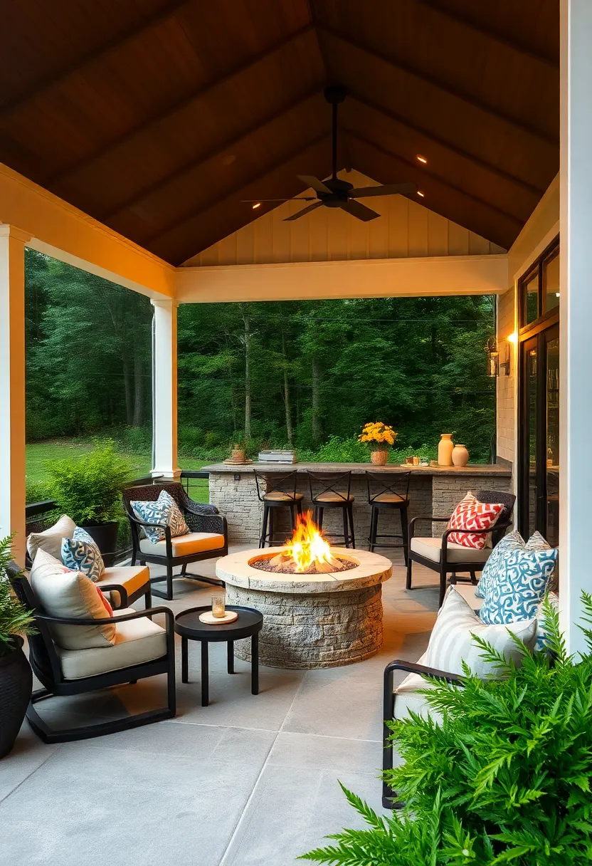 Firepit⁢ Integrated into⁢ Outdoor Bar Area: Combine entertainment and warmth by⁤ building a firepit ​into your porch's⁤ outdoor bar for cozy gatherings