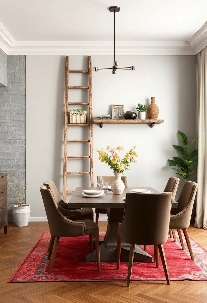 Distressed Ladder Converted into a Unique Wall-Mounted Dining Shelf
