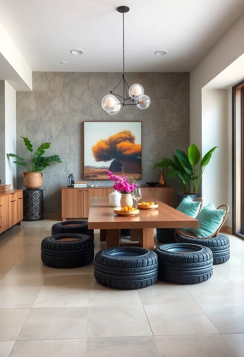 Upcycled Tire cushions as Casual Floor Seating Around the Table
