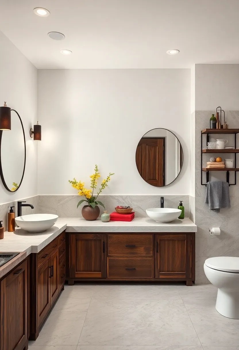 Ceramic Sink Bowls Nestled Within Custom⁤ Marble ⁢Countertops and​ Rustic wooden Cabinets