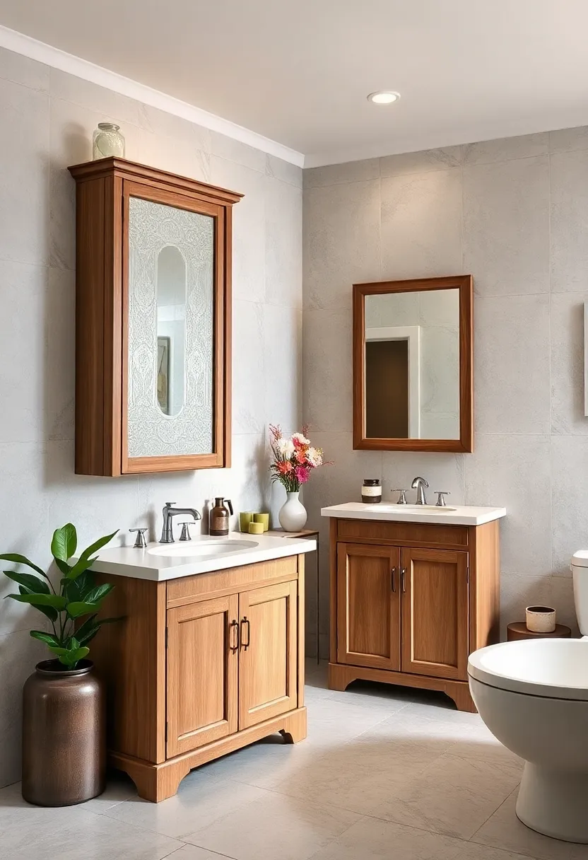 Classic Freestanding Medicine ⁤Cabinets with Etched Glass and Custom Wooden Frames in Vintage baths