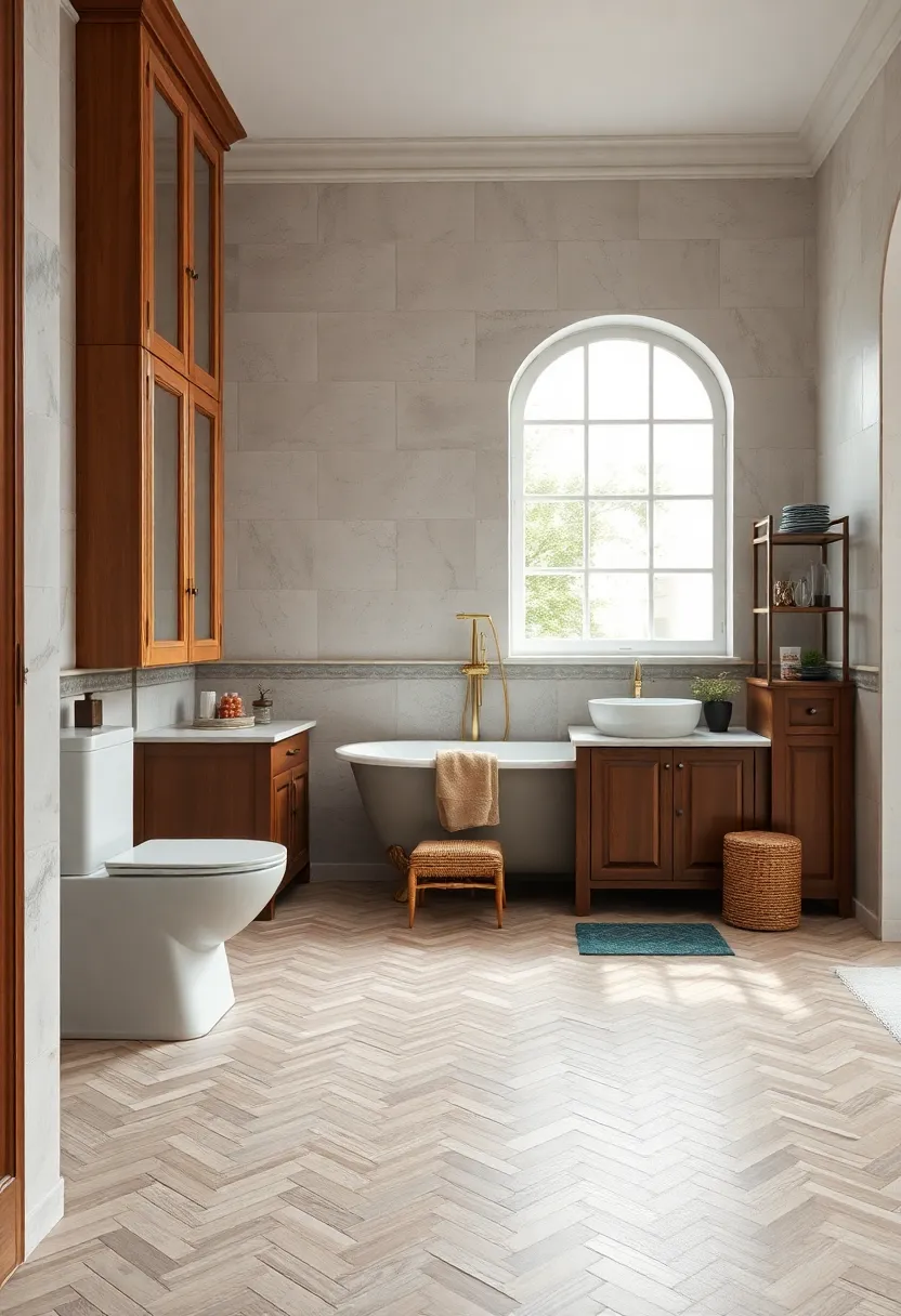 Classic Herringbone Patterned Flooring Juxtaposed ‌With Warm wooden Cabinets in‍ Antique Style Baths