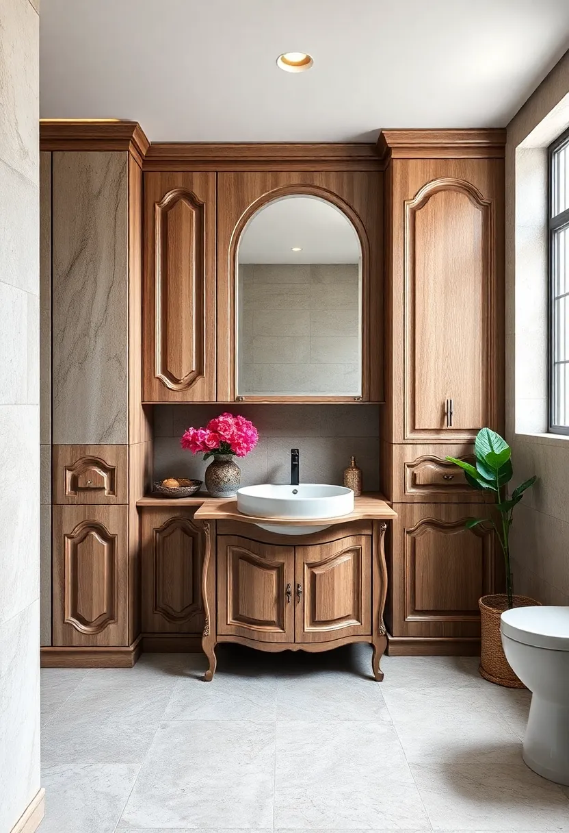 Curved Cabinet Doors ‍with Decorative Inlays Creating a Gentle Flow Around⁣ a‌ vintage Wash Basin