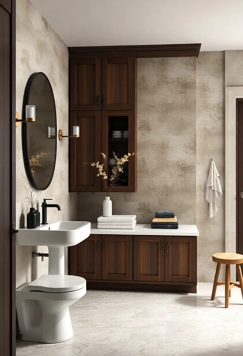 Dark​ Walnut Cabinets Against Crisp ‌White Porcelain fixtures ⁢Creating High Contrast Vintage Look