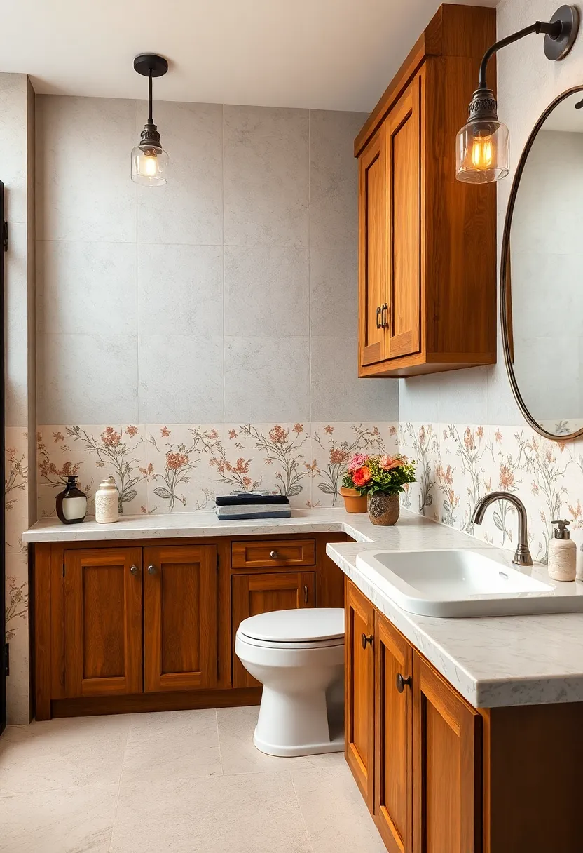 Delicate Floral Patterns on Vintage Tile⁣ Backsplashes Complementing Warm Wooden‌ Storage Units