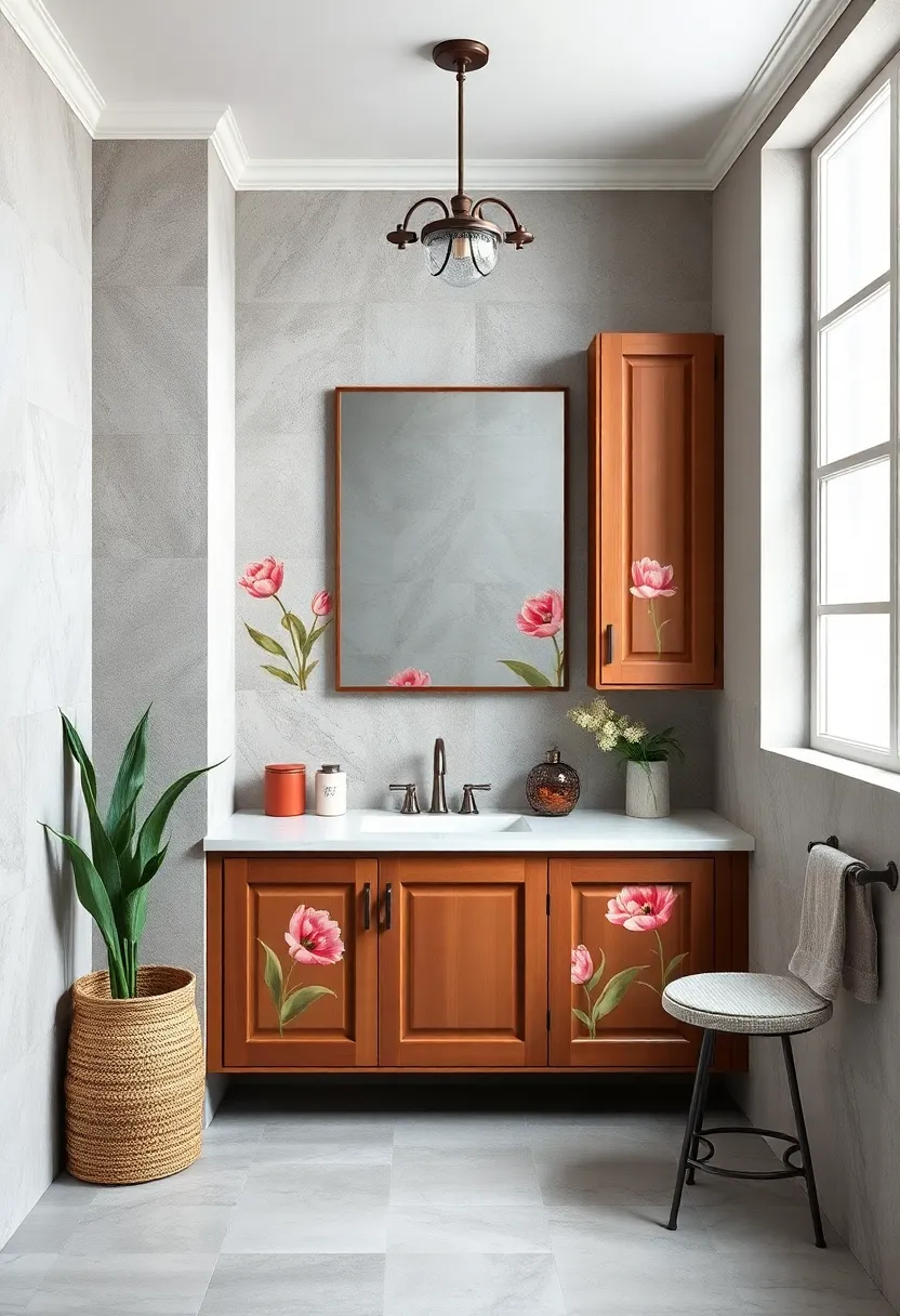 Flowing Tulip Motifs Painted On ​Cabinet Panels Bringing Vintage Floral Charm to Bathroom Spaces