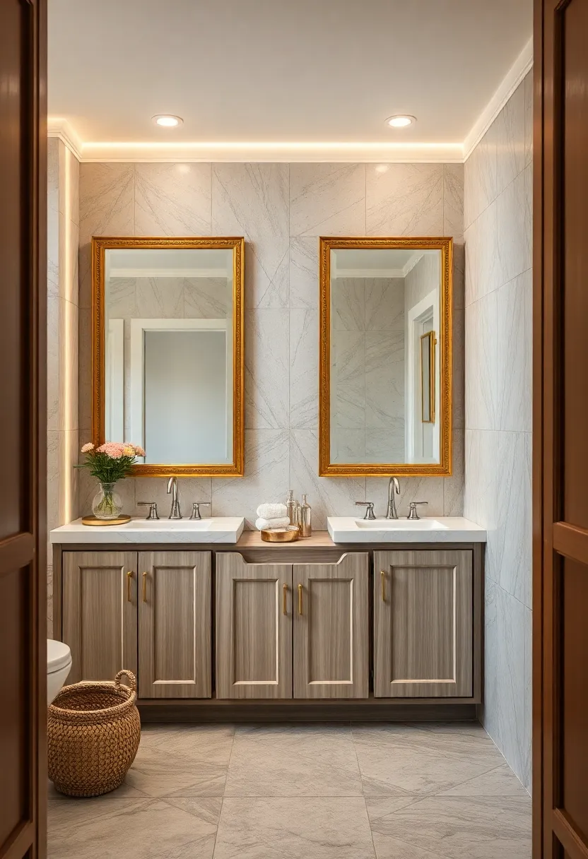 Gilded ⁢Frames Surrounding Custom Cabinets Evoking Art Deco Elegance in Vintage Bathroom ⁢Settings