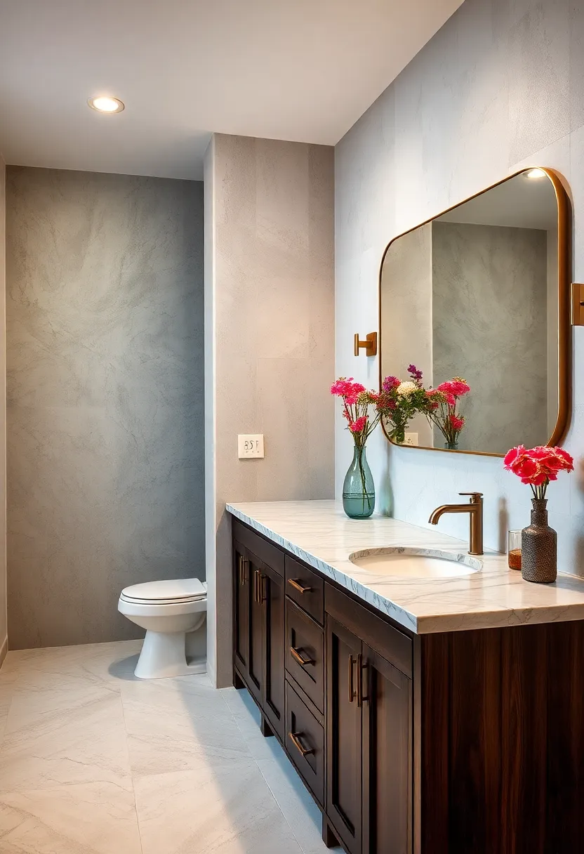 Handcrafted Marble Countertops with Unique ⁣Veining Set Above Dark⁣ Wood Vintage Cabinets