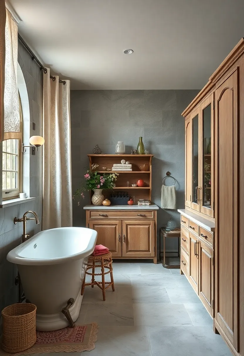 Lace Curtains ‍and Vintage Textiles Set Against the backdrop ⁤of Custom Crafted Bathroom Cabinets