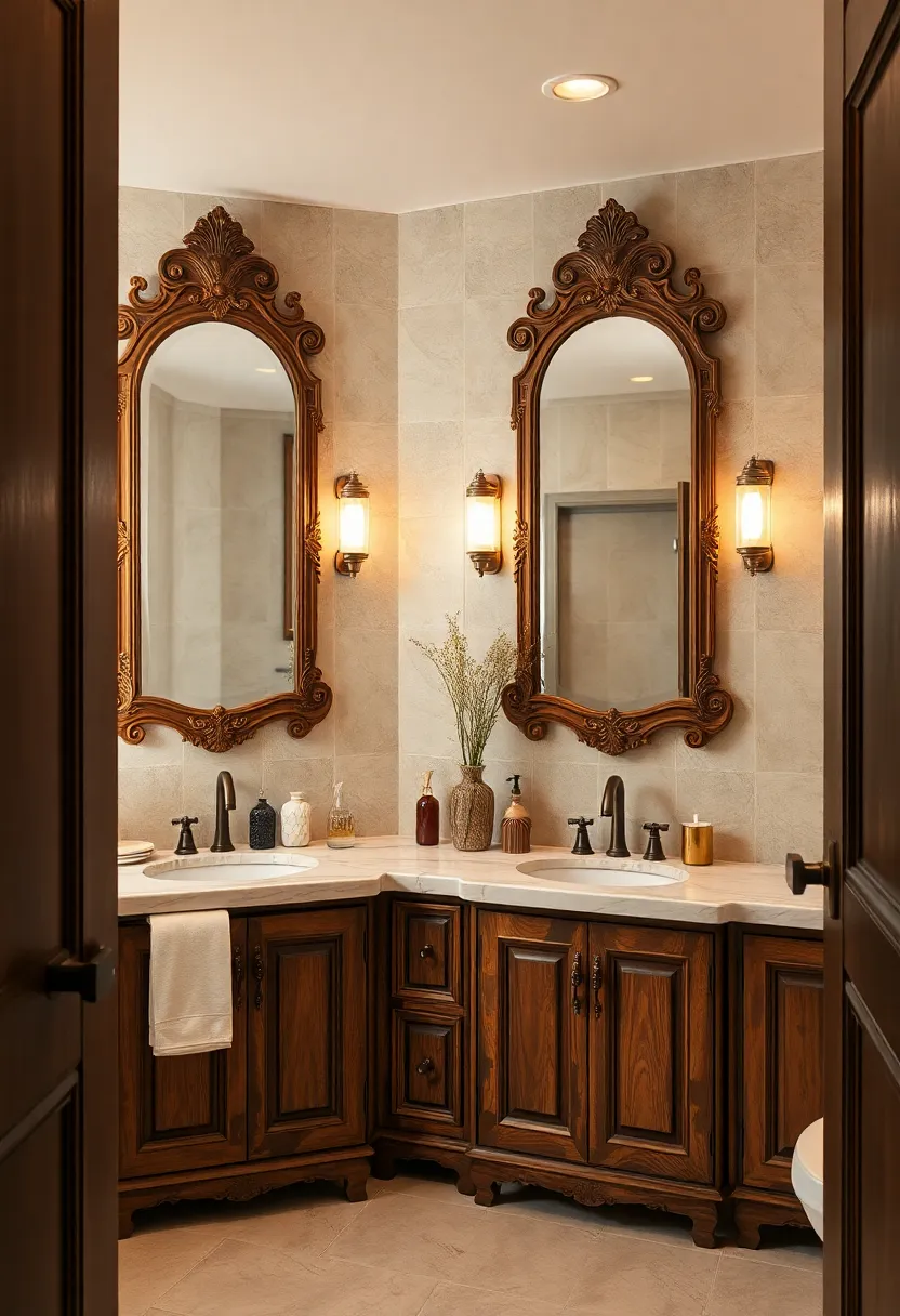 Ornate Mirrors Framed⁣ by Handcrafted⁣ Wooden Cabinetry​ with antique Patina and Soft Lighting