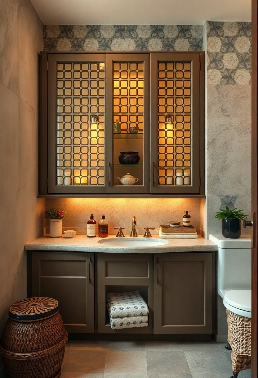 Patterned Glass Cabinet​ Doors Revealing ​Vintage Collectibles and Toiletries With an Elegant Glow