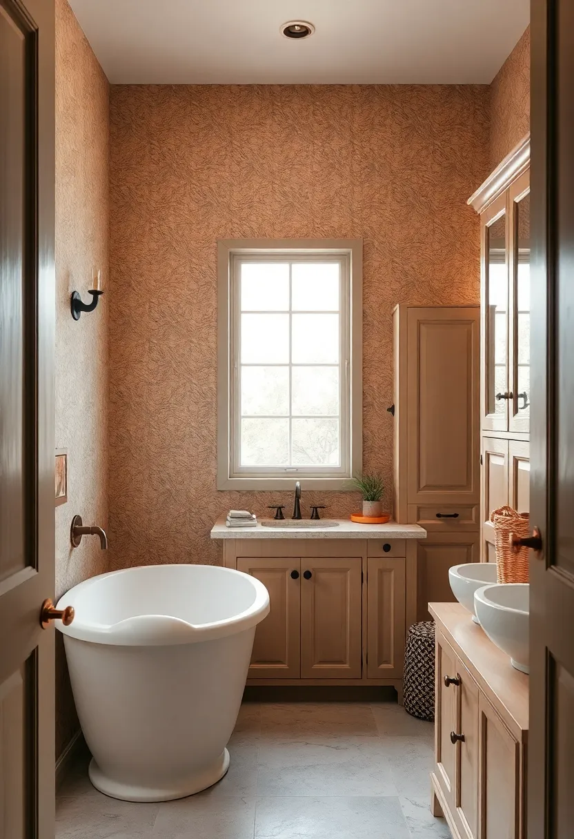 Rich⁤ Textured Wallpaper Paired With classic Cabinetry Making Vintage Bathrooms Cozier and ​Inviting