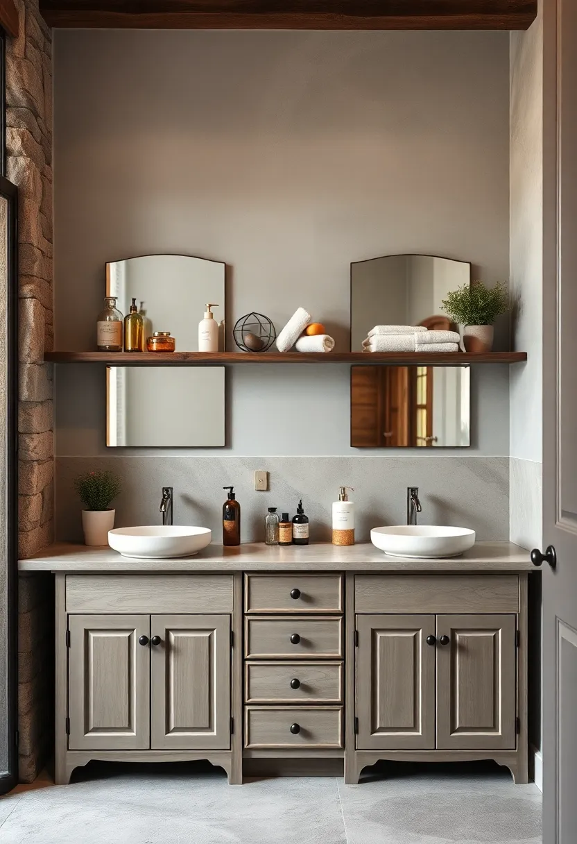 Rustic Open Shelving Displaying Antique Toiletries and Vintage Towels Above Classic Sink Cabinets