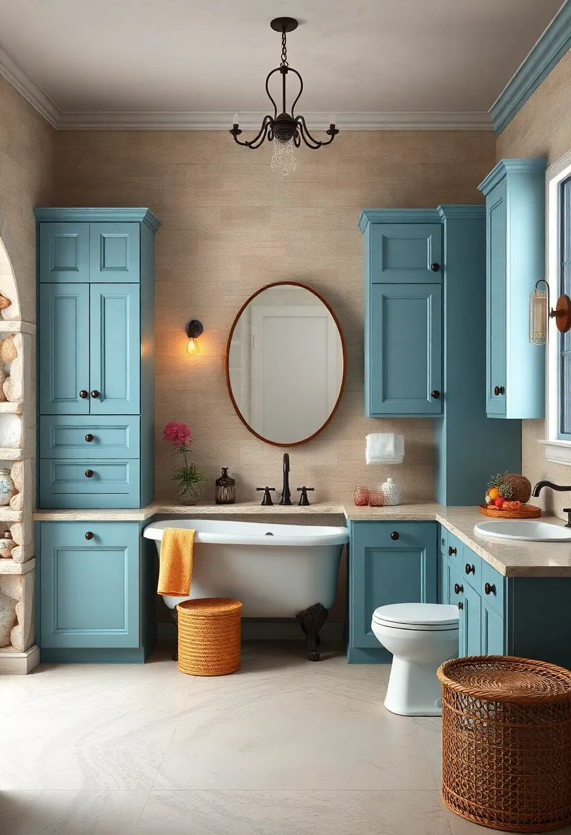 Soft​ Blue Cabinet Finishes complemented by Wrought Iron Fixtures and Vintage Accent Pieces