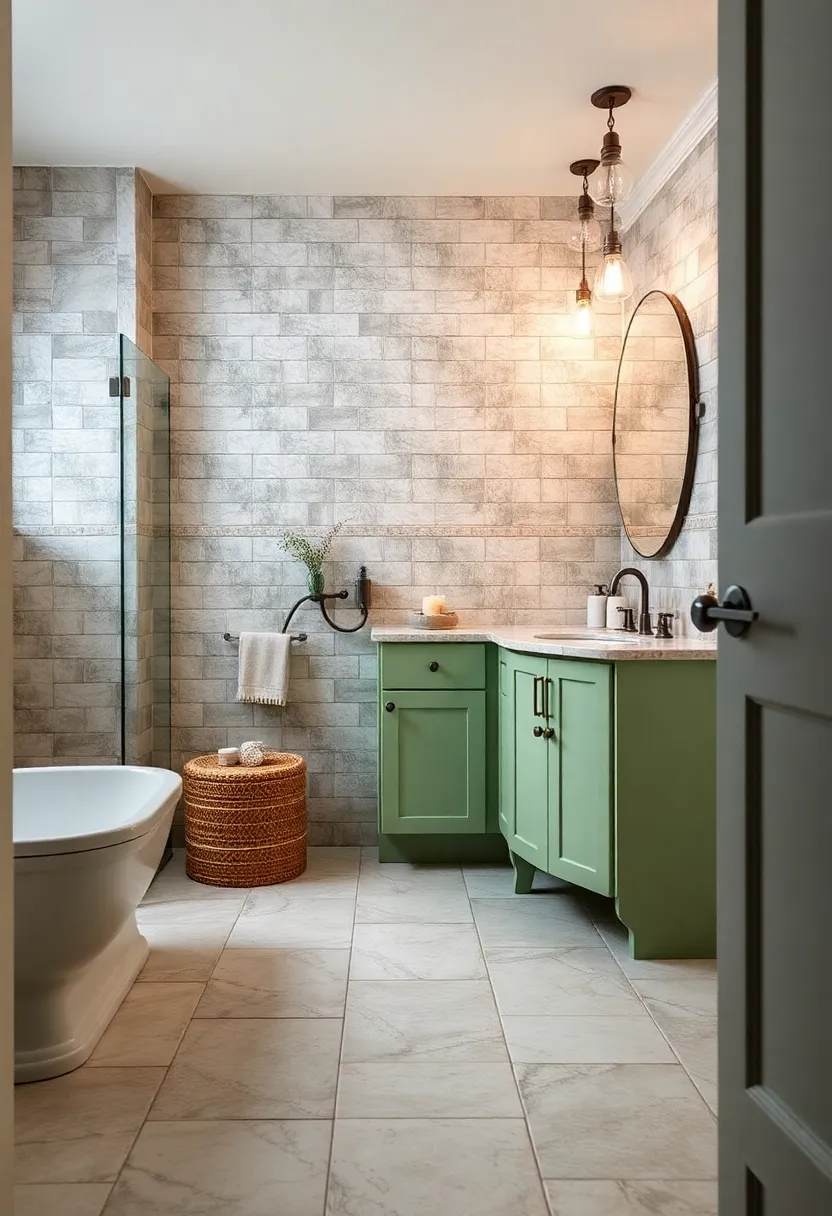 Soft Green⁢ and Cream Cabinets Paired with​ Retro ‍Lighting Fixtures⁣ And Vintage Ceramic tiles