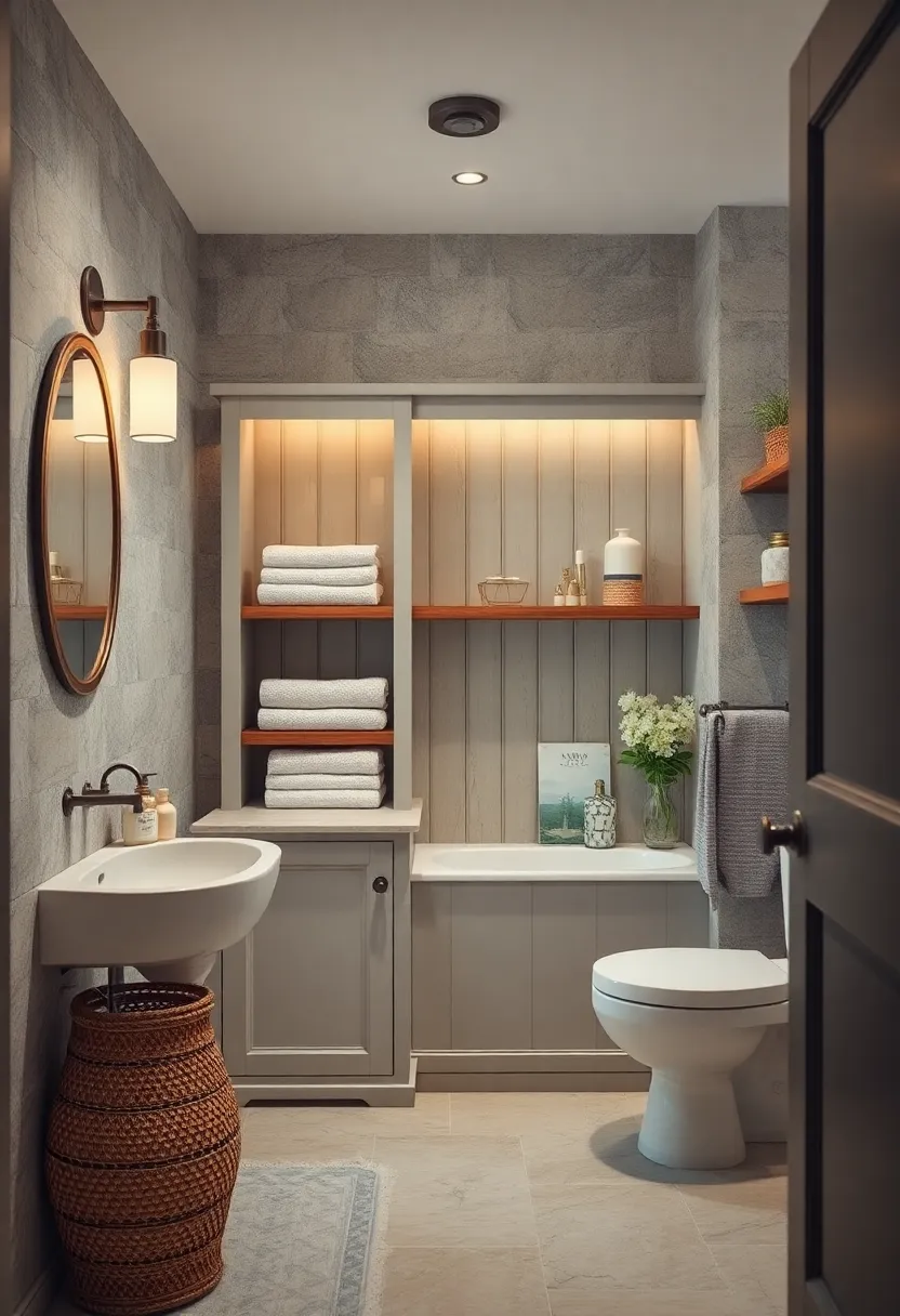 Traditional Bathroom Linens Displayed gracefully On Antique ⁤Wooden Shelves Within Bathroom Cabinetry