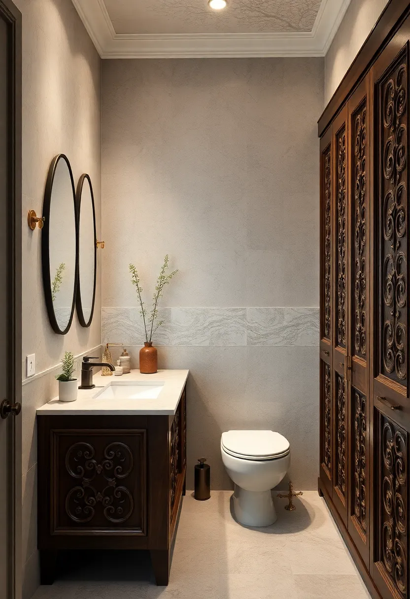 Vintage Bathroom Vanities​ Featuring​ Intricate Wood Carvings and Elegant Brass Hardware for Timeless Appeal
