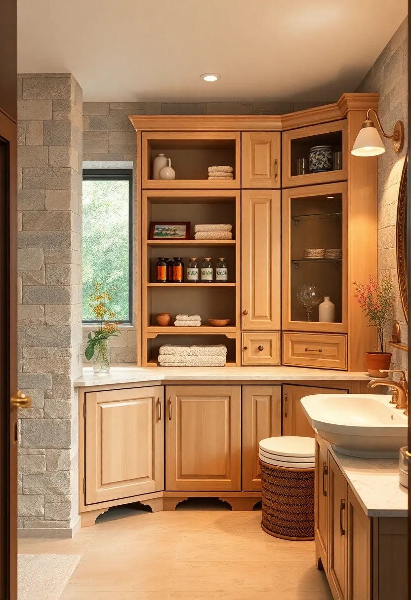 Vintage Bathroom Storage Solutions Featuring Multi-Tiered ​Cabinets with Handcrafted Details