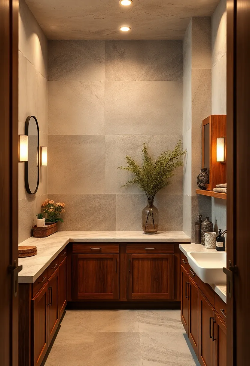Warm Earth Tones on⁣ Wooden Cabinets Contrasted with Porcelain Sinks and Vintage Metal Accents