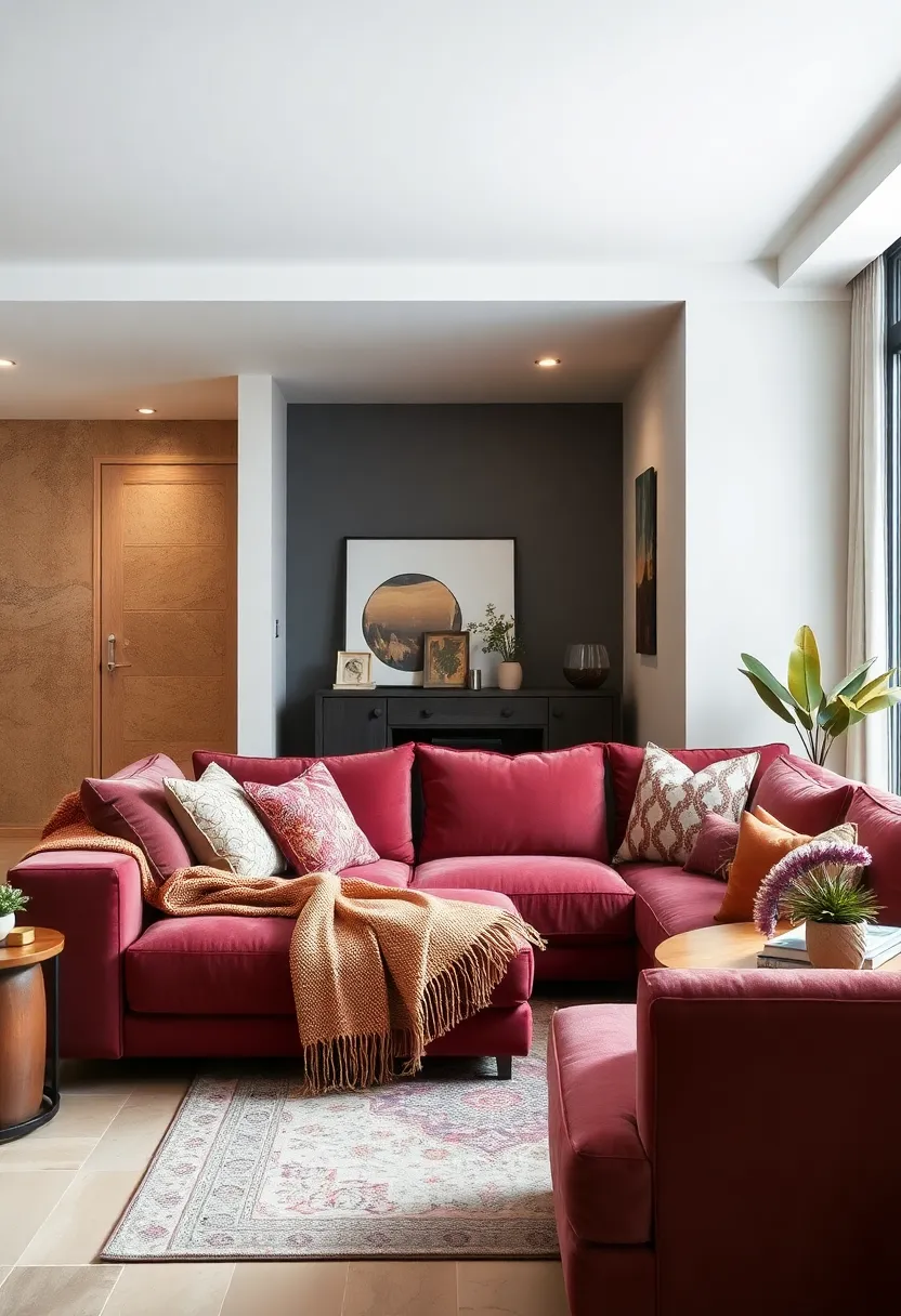 create a ⁢bohemian sanctuary with ‌a velvet ⁢jewel-toned sectional, layered with patterned ⁢cushions​ and a woven‌ throw ​blanket
