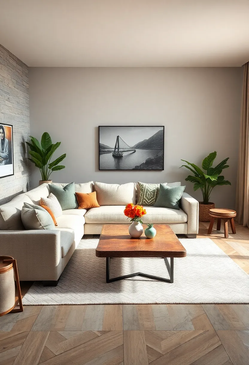 Combine‌ rustic​ elements like a reclaimed wood coffee‌ table⁤ with a simple, neutral​ sectional to add character