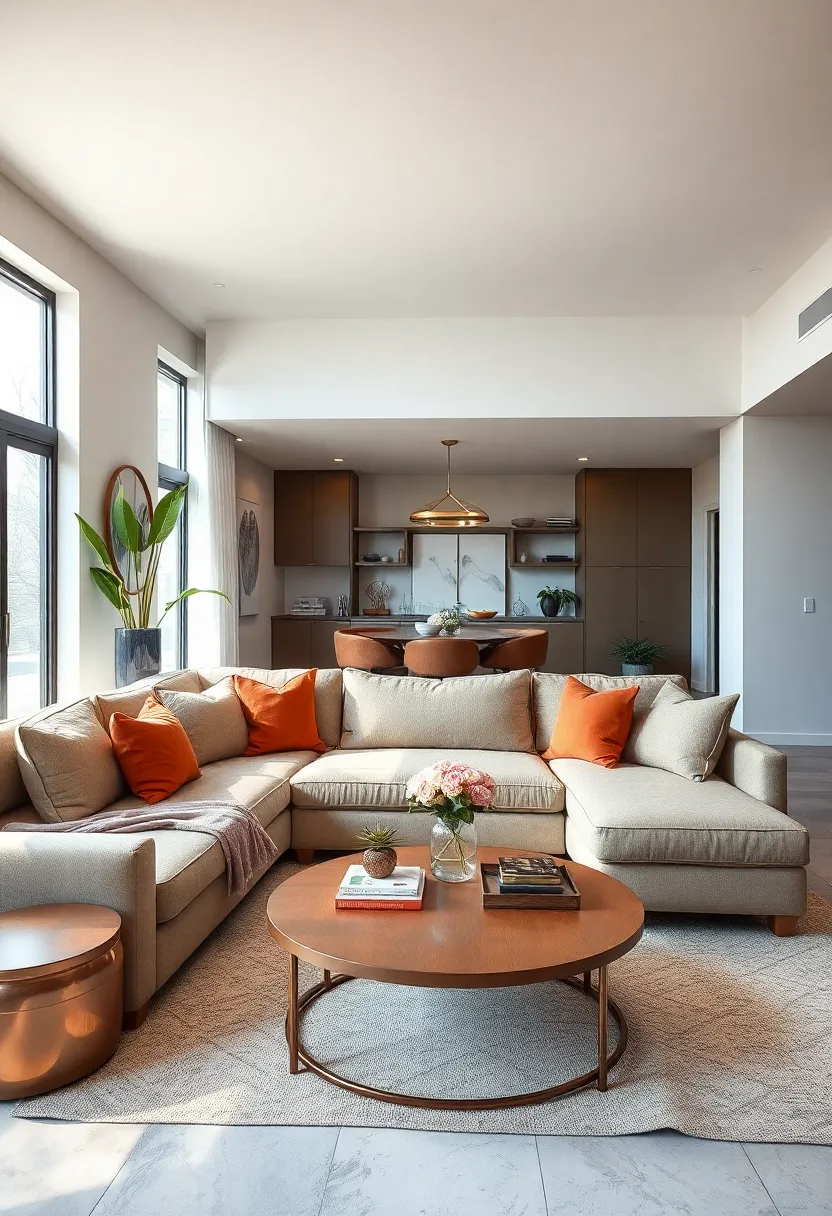 Dress up a taupe sectional with warm-toned cushions and copper accents for an inviting,⁣ contemporary look
