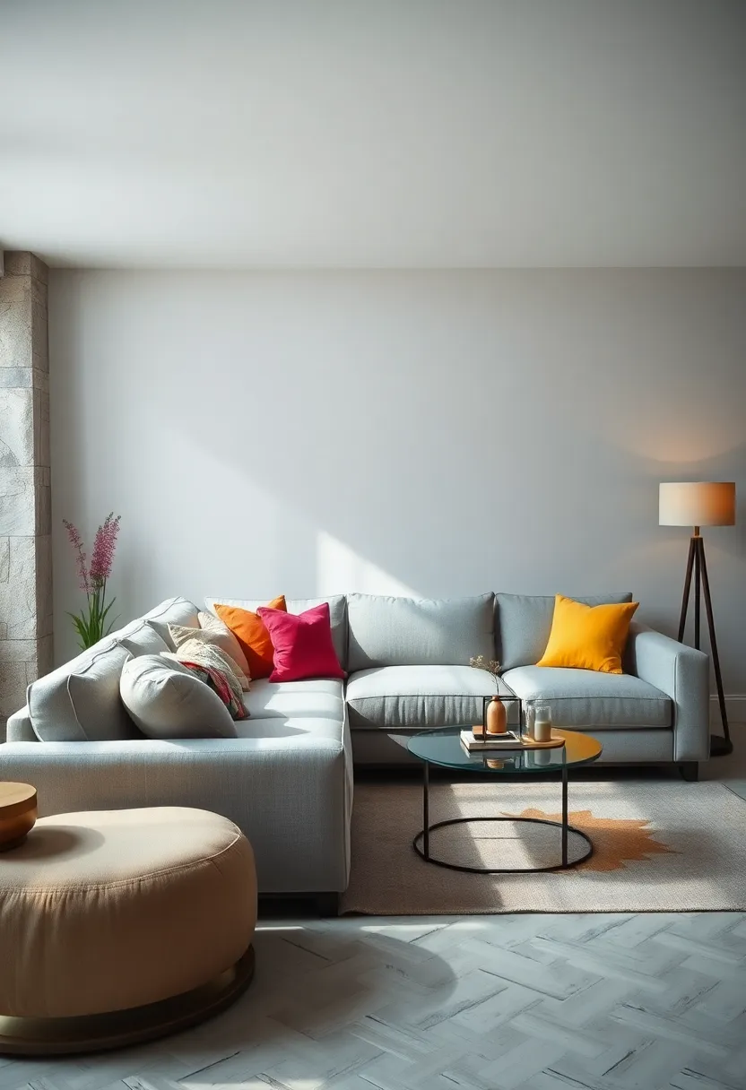 Choose a light gray sectional sofa​ and add pops of color through vibrant throw pillows and a statement lamp
