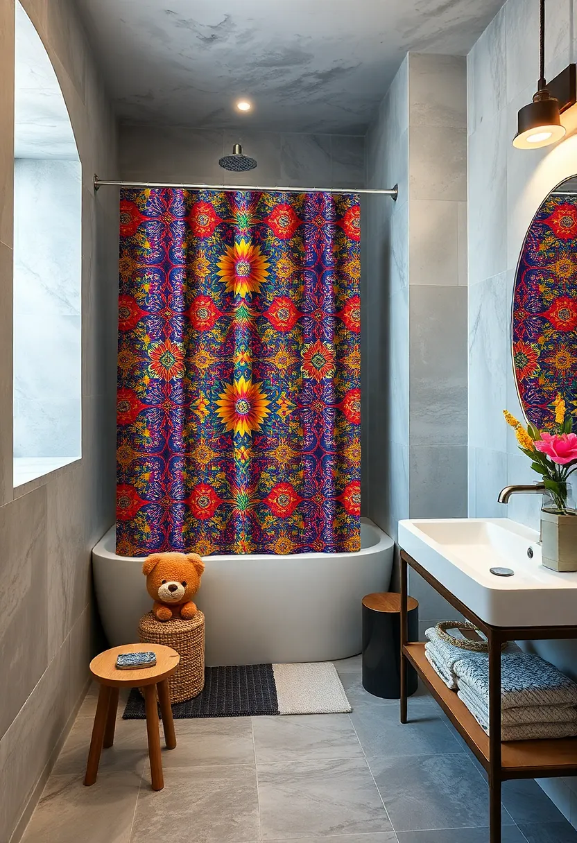 Add a vibrant, patterned shower curtain as a bold focal point in your bathroom