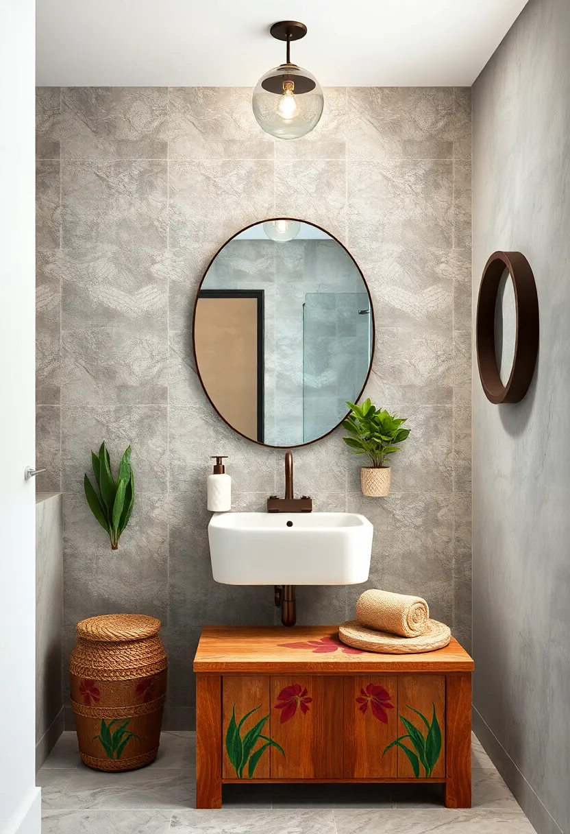 Incorporate a hand-painted wooden stool or bench that doubles as storage and decor