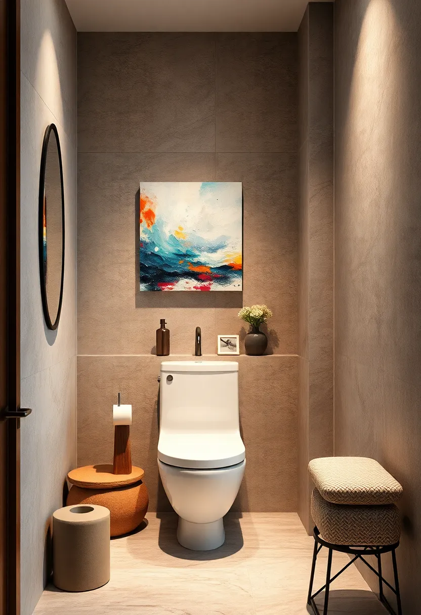 Integrate a ​small, waterproof canvas painting above the toilet or sink area
