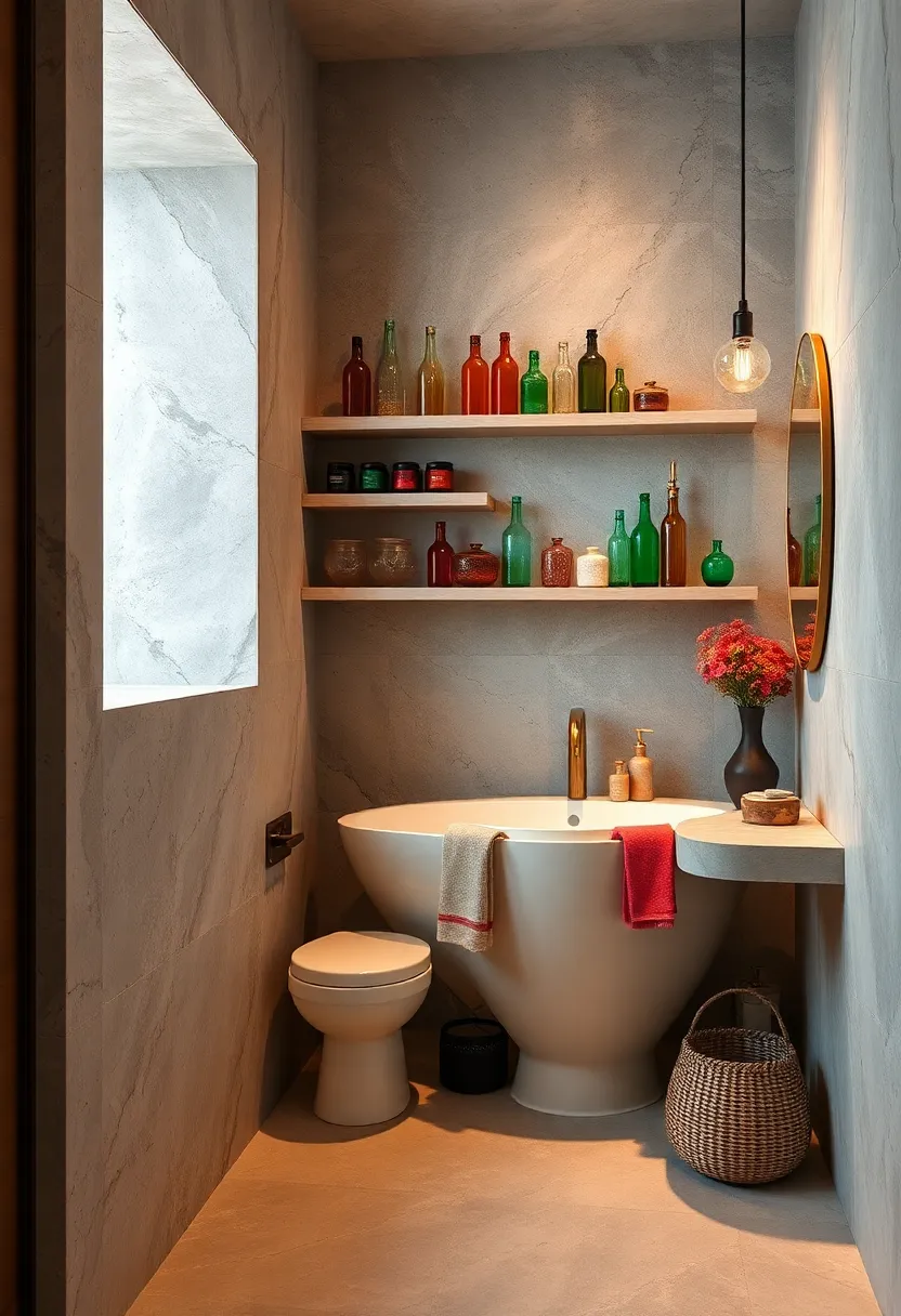 Use colorful glass bottles or jars on shelves as sculptural decor elements