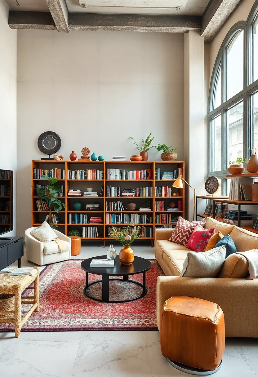 Enhance corners with freestanding bookshelves filled with eclectic reads and decorative items